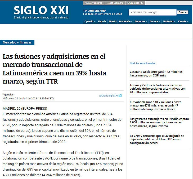 Las fusiones y adquisiciones en el mercado transaccional de Latinoamrica caen un 39% hasta marzo, segn TTR